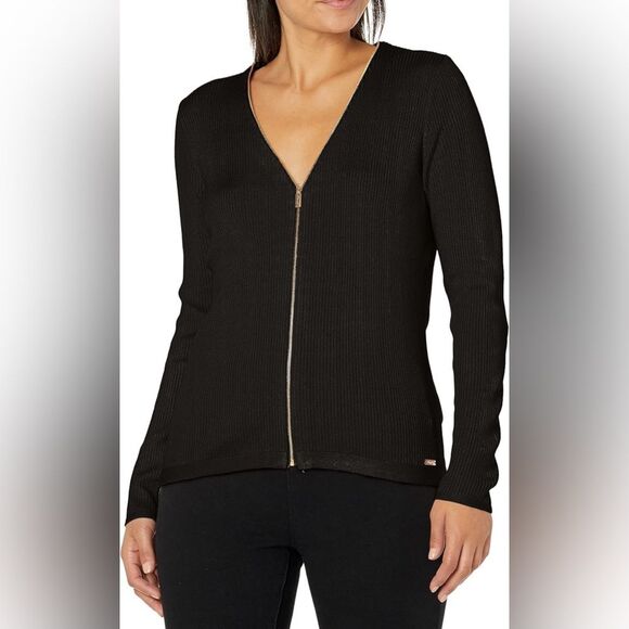 Calvin Klein Black Ribbed Zip Up Front Sweater Size Medium EUC Like new - Picture 1 of 5